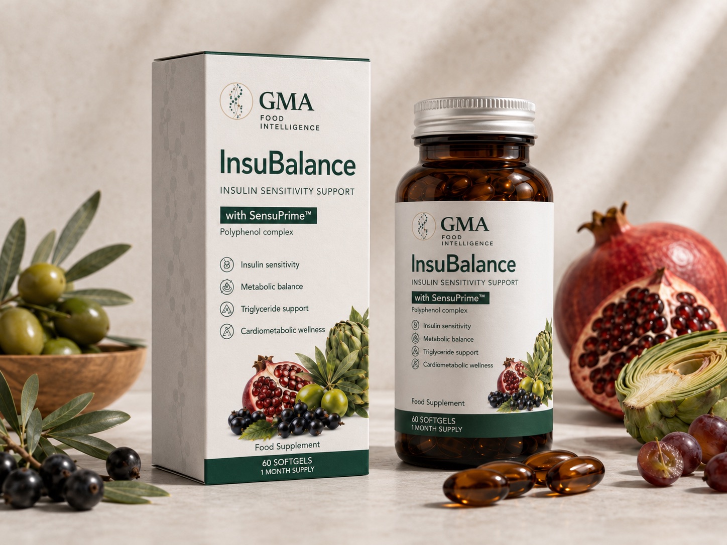 Concept dimostrativo InsuBalance con confezione, flacone softgel, olive, melograno, ribes, uva e carciofo