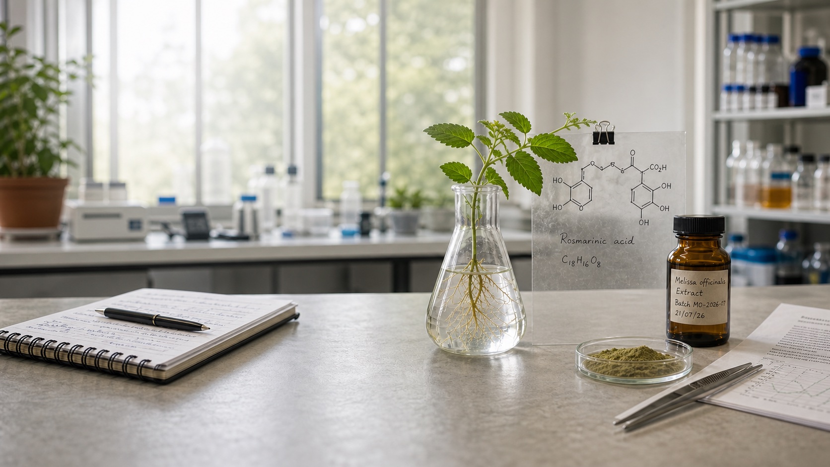Laboratorio di ricerca con ingredienti botanici e strumenti analitici