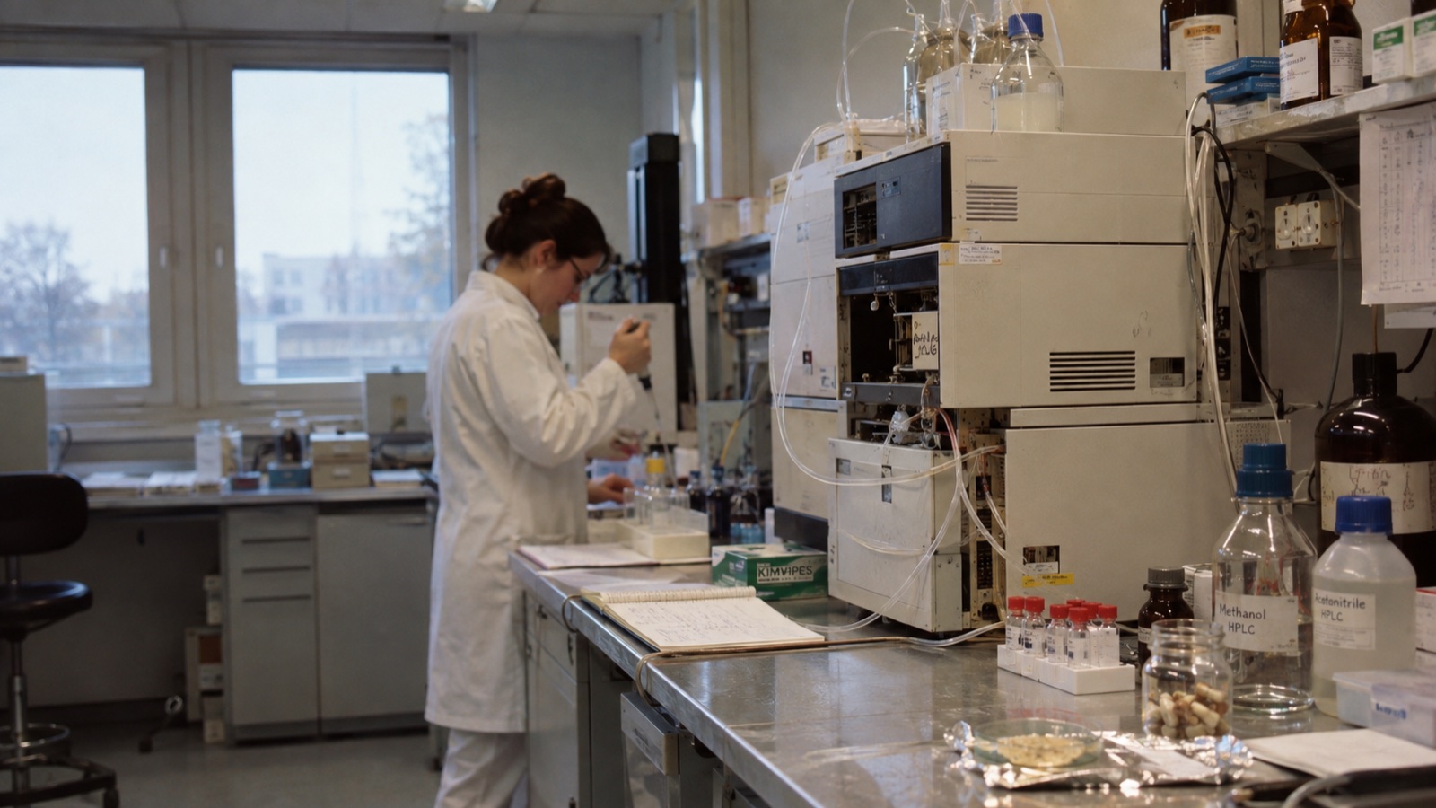 Ricercatrice al lavoro in un laboratorio di analisi nutraceutica con strumentazione HPLC
